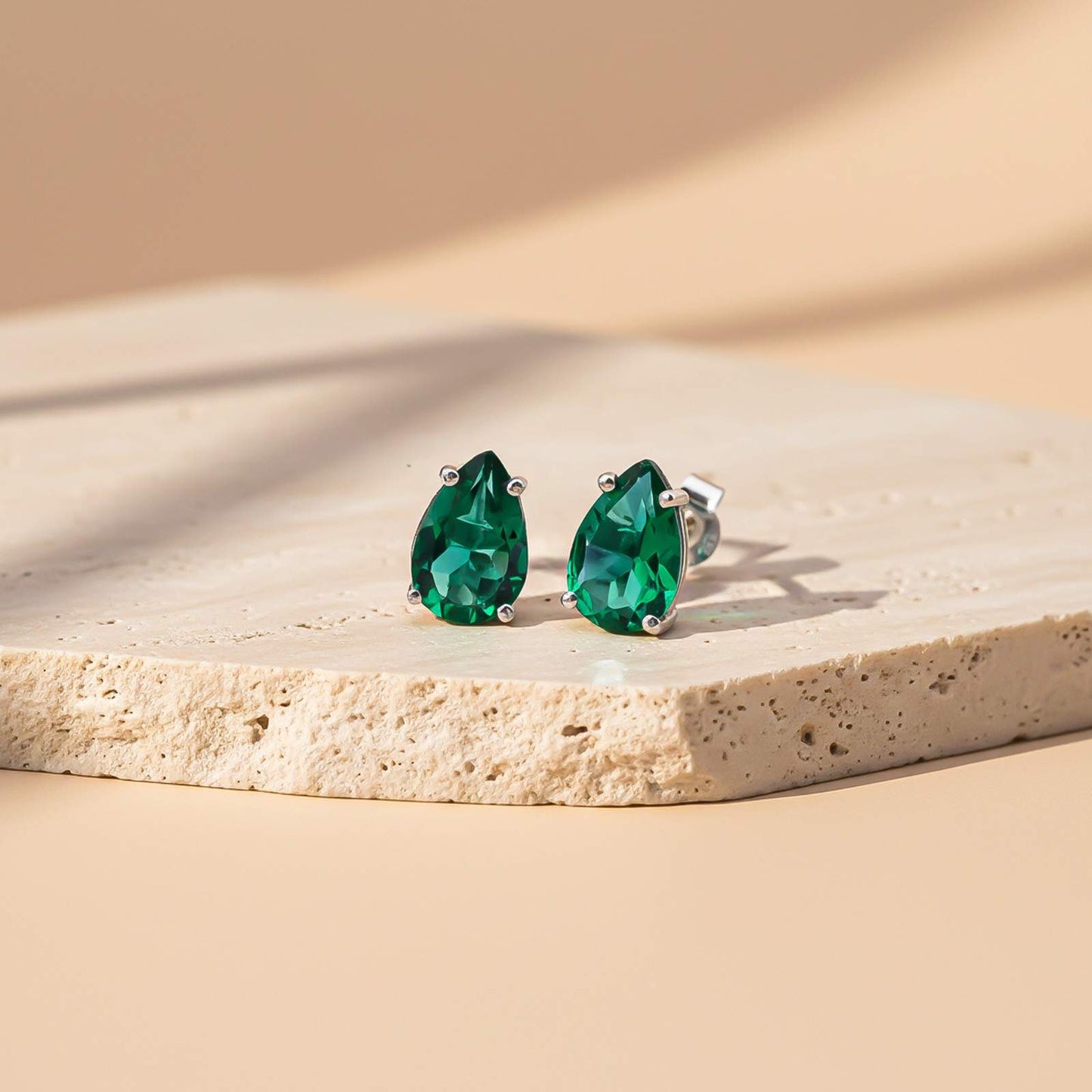 Silver Emerald Pear Shape Stud Earrings