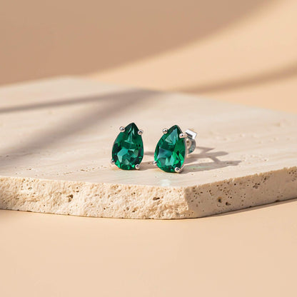 Silver Emerald Pear Shape Stud Earrings