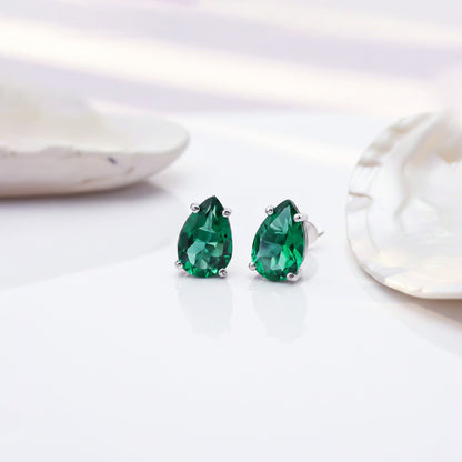 Silver Emerald Pear Shape Stud Earrings