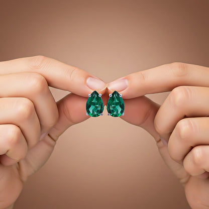 Silver Emerald Pear Shape Stud Earrings