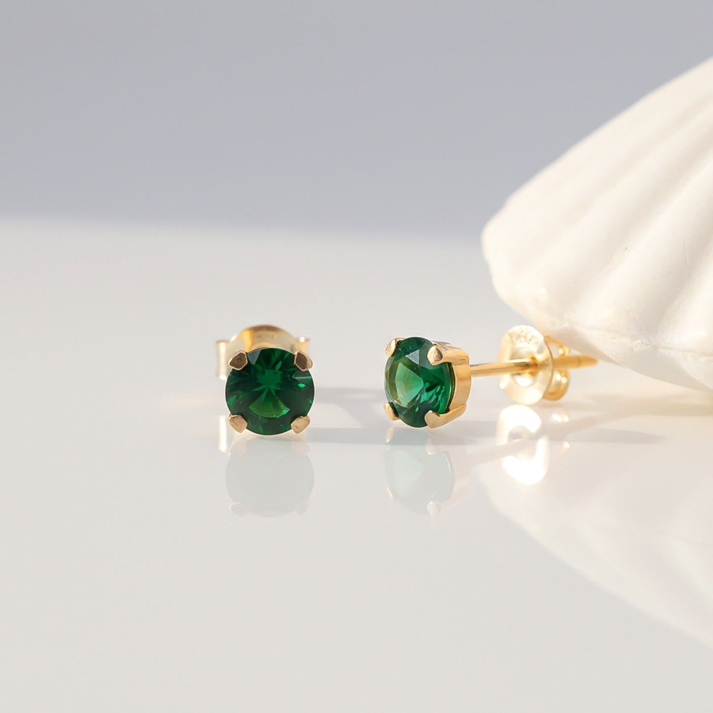 Silver Solitaire Green Emerald Stud Earrings