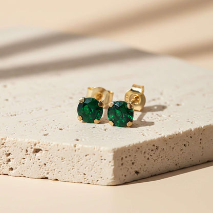 Silver Solitaire Green Emerald Stud Earrings