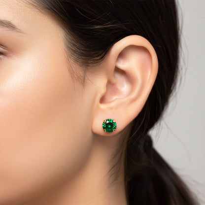 Silver Solitaire Green Emerald Stud Earrings