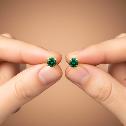 Silver Solitaire Green Emerald Stud Earrings