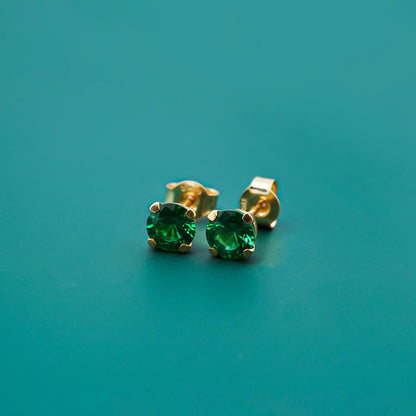 Silver Solitaire Green Emerald Stud Earrings