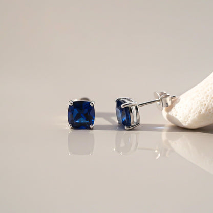 Silver Blue Sapphire Solitaire Stud Earrings