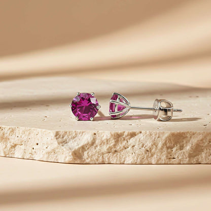 Sterling Silver Round Pink Ruby Solitaire Stud Earring