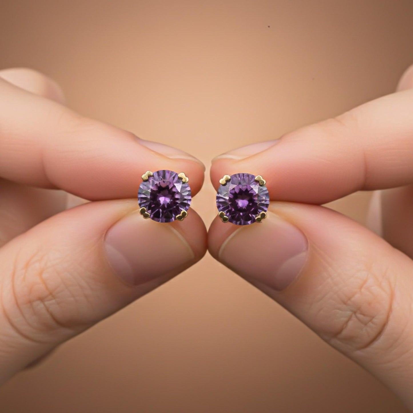 Golden Purple Amethyst Stud Earrings