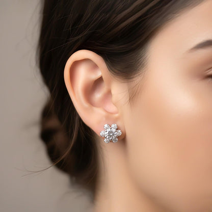 Silver Floral Zircon Stud Earrings