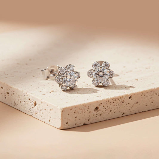 Silver Floral Zircon Stud Earrings