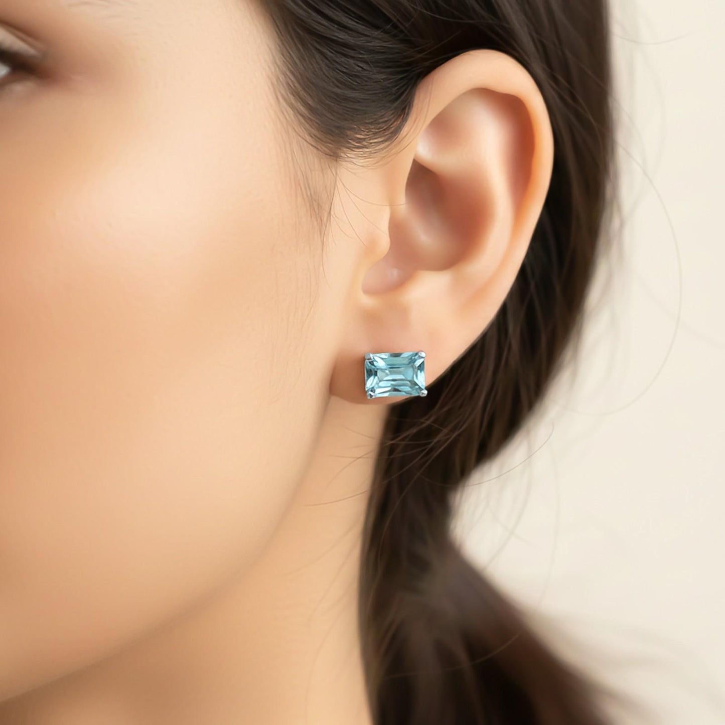 Silver Aqua Solitaire Stud Earrings