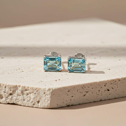 Silver Aqua Solitaire Stud Earrings