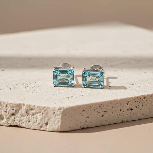 Silver Aqua Solitaire Stud Earrings