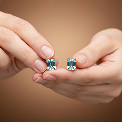 Silver Aqua Solitaire Stud Earrings