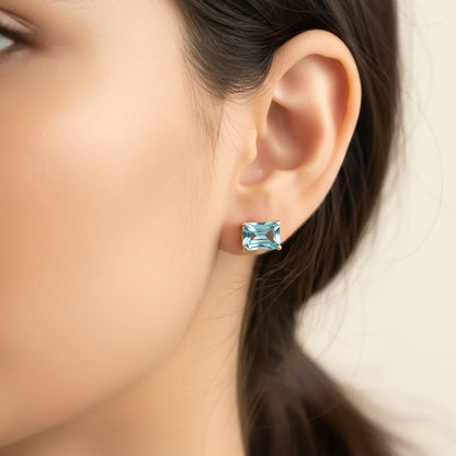 Golden Aqua Solitaire Stud Earrings