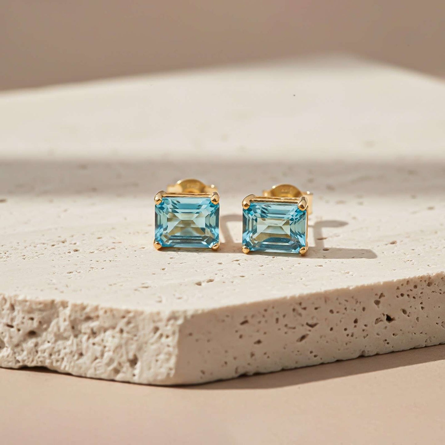 Golden Aqua Solitaire Stud Earrings