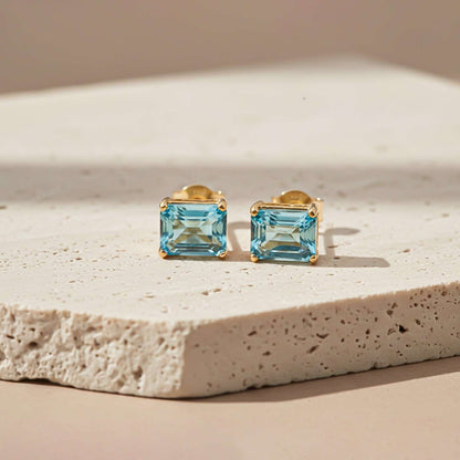 Golden Aqua Solitaire Stud Earrings