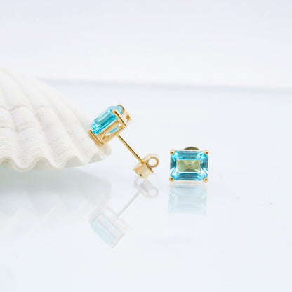 Golden Aqua Solitaire Stud Earrings