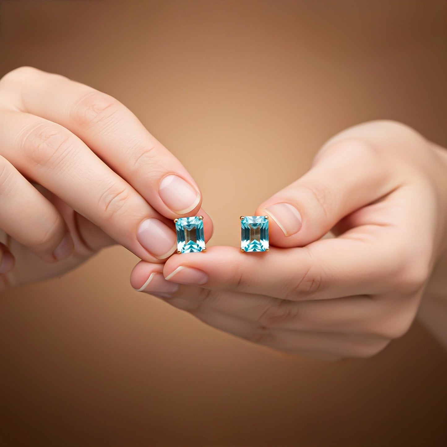 Golden Aqua Solitaire Stud Earrings