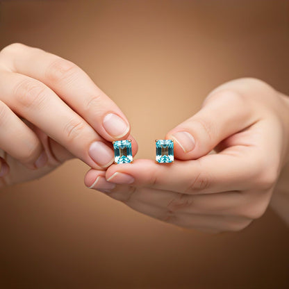 Golden Aqua Solitaire Stud Earrings
