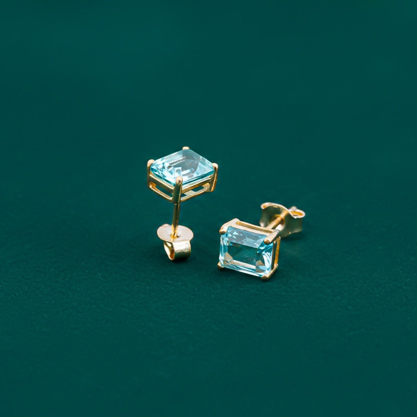 Golden Aqua Solitaire Stud Earrings