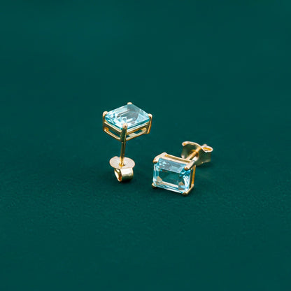 Golden Aqua Solitaire Stud Earrings