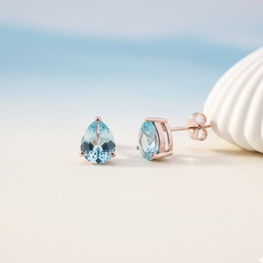 Rose Gold Teardrop Aqua Stud Earrings