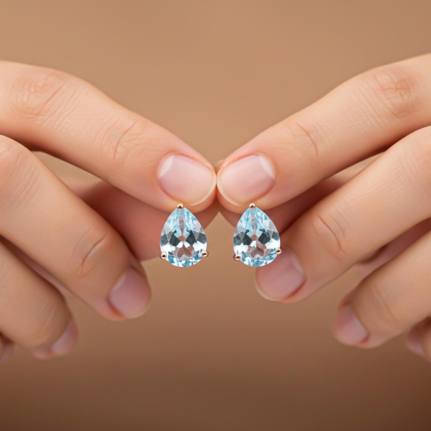 Rose Gold Teardrop Aqua Stud Earrings