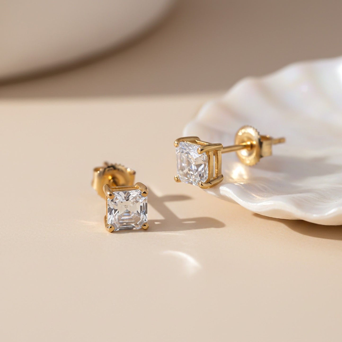 Golden Asscher Minimalist Stud Earrings