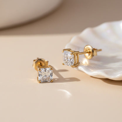 Golden Asscher Minimalist Stud Earrings