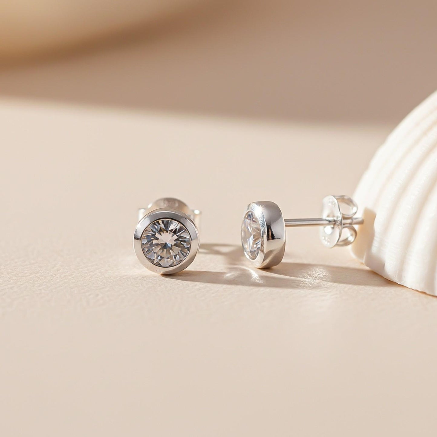 Silver Round Bezel Stud Earrings