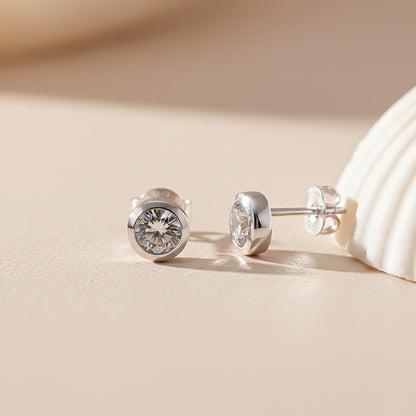 Silver Round Bezel Stud Earrings