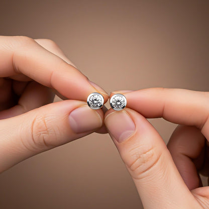Silver Round Bezel Stud Earrings