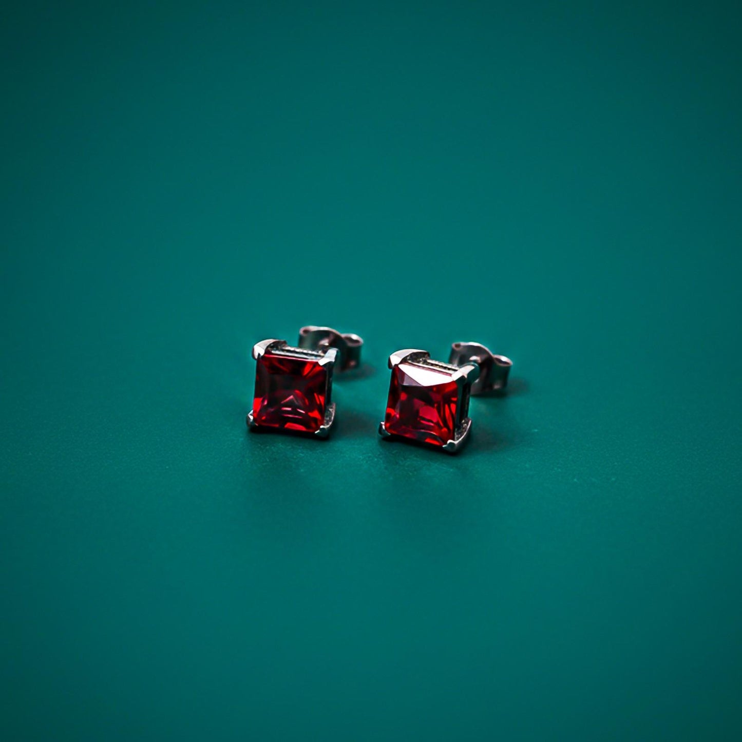 Silver Square Red Garnet Stud Earrings