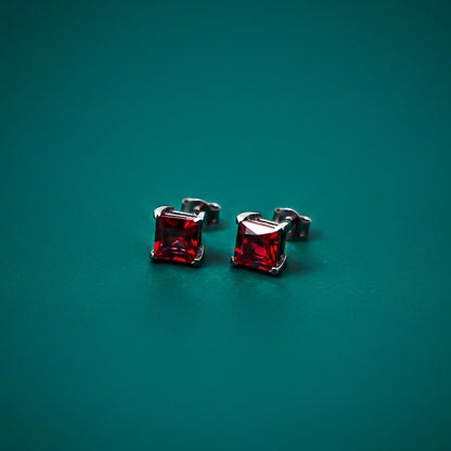 Silver Square Red Garnet Stud Earrings