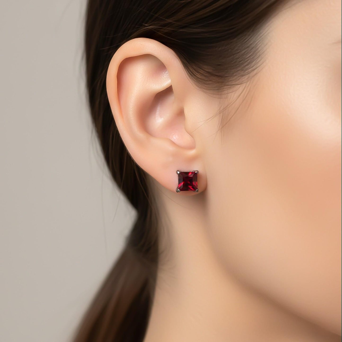 Silver Square Red Garnet Stud Earrings