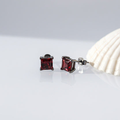 Silver Square Red Garnet Stud Earrings