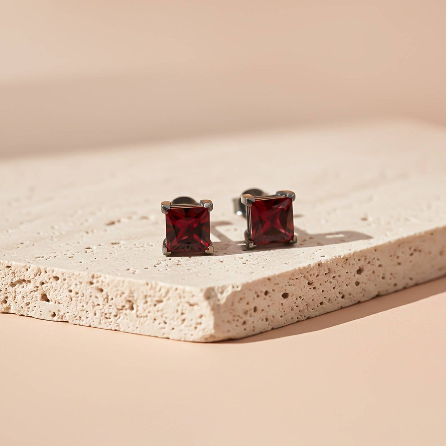 Silver Square Red Garnet Stud Earrings