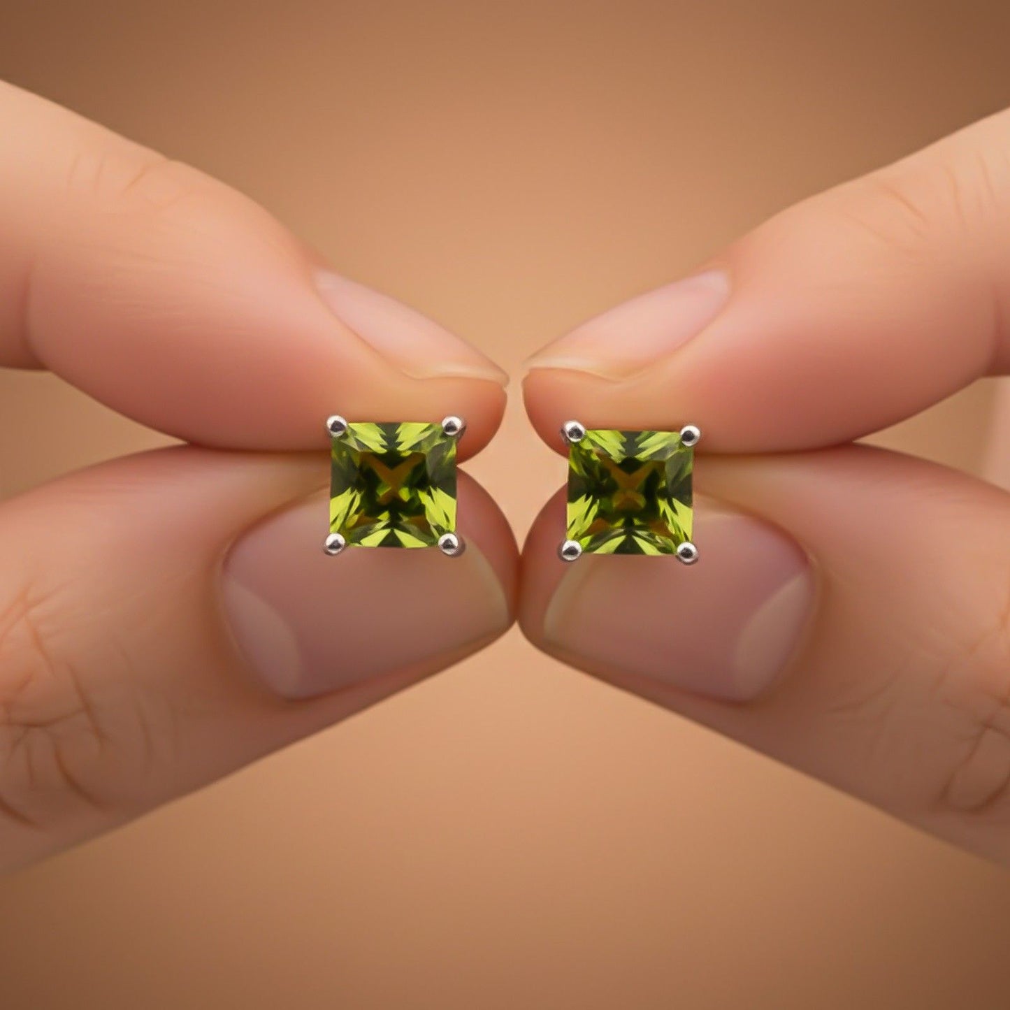 Silver Emerald Cut Peridot Stud Earrings