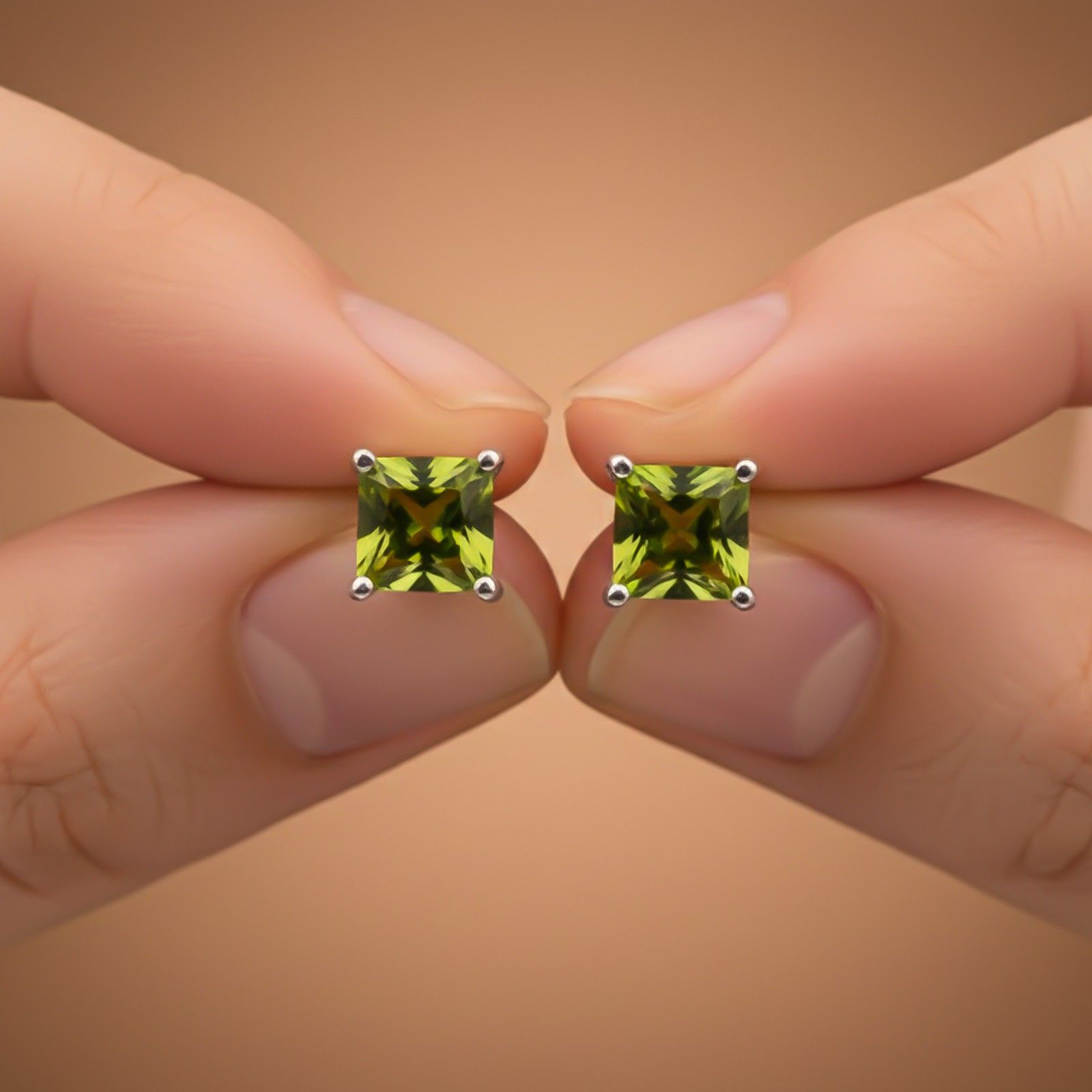 Silver Emerald Cut Peridot Stud Earrings