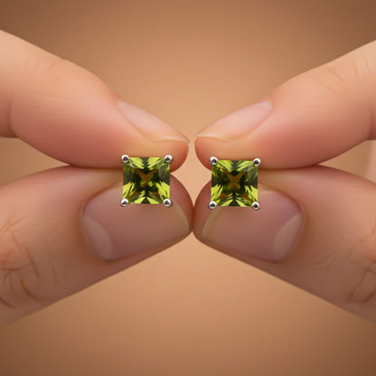 Silver Emerald Cut Peridot Stud Earrings