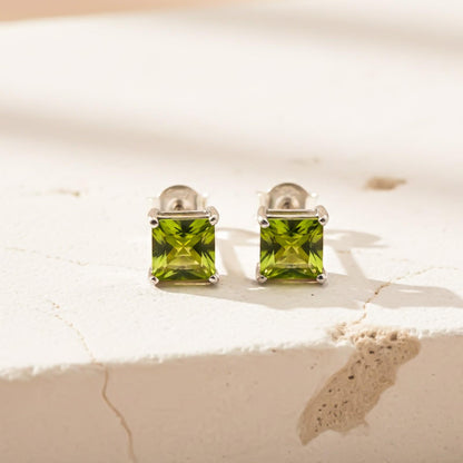 Silver Emerald Cut Peridot Stud Earrings
