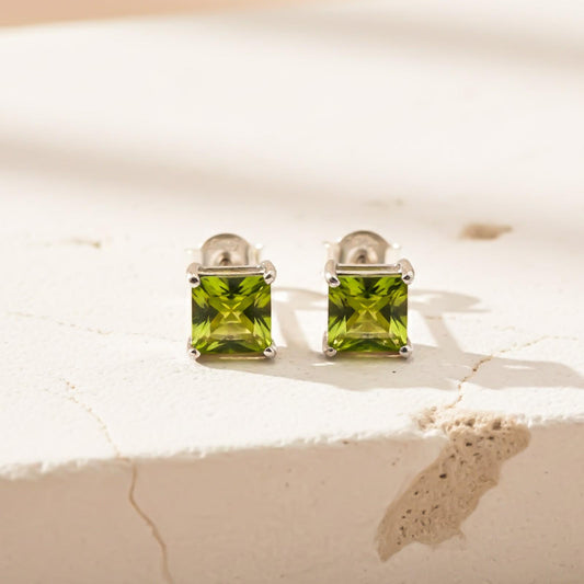 Silver Emerald Cut Peridot Stud Earrings