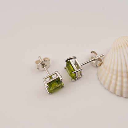 Silver Emerald Cut Peridot Stud Earrings