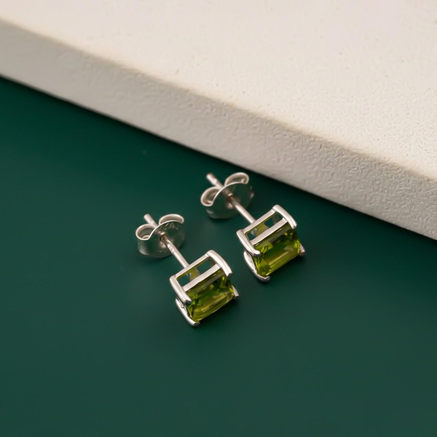 Silver Emerald Cut Peridot Stud Earrings
