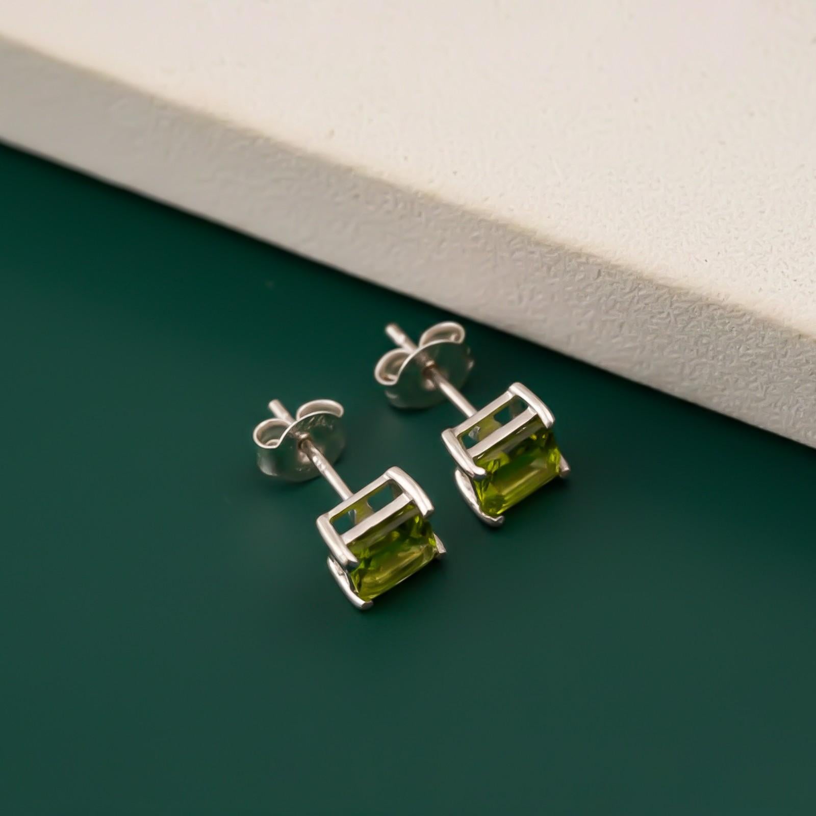 Silver Emerald Cut Peridot Stud Earrings