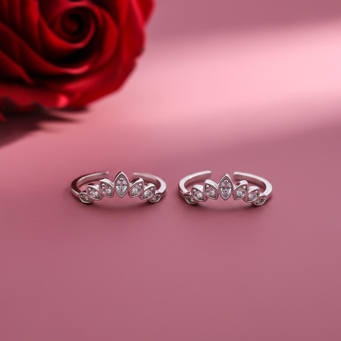 Silver Zircon Studded Crown Toe Rings