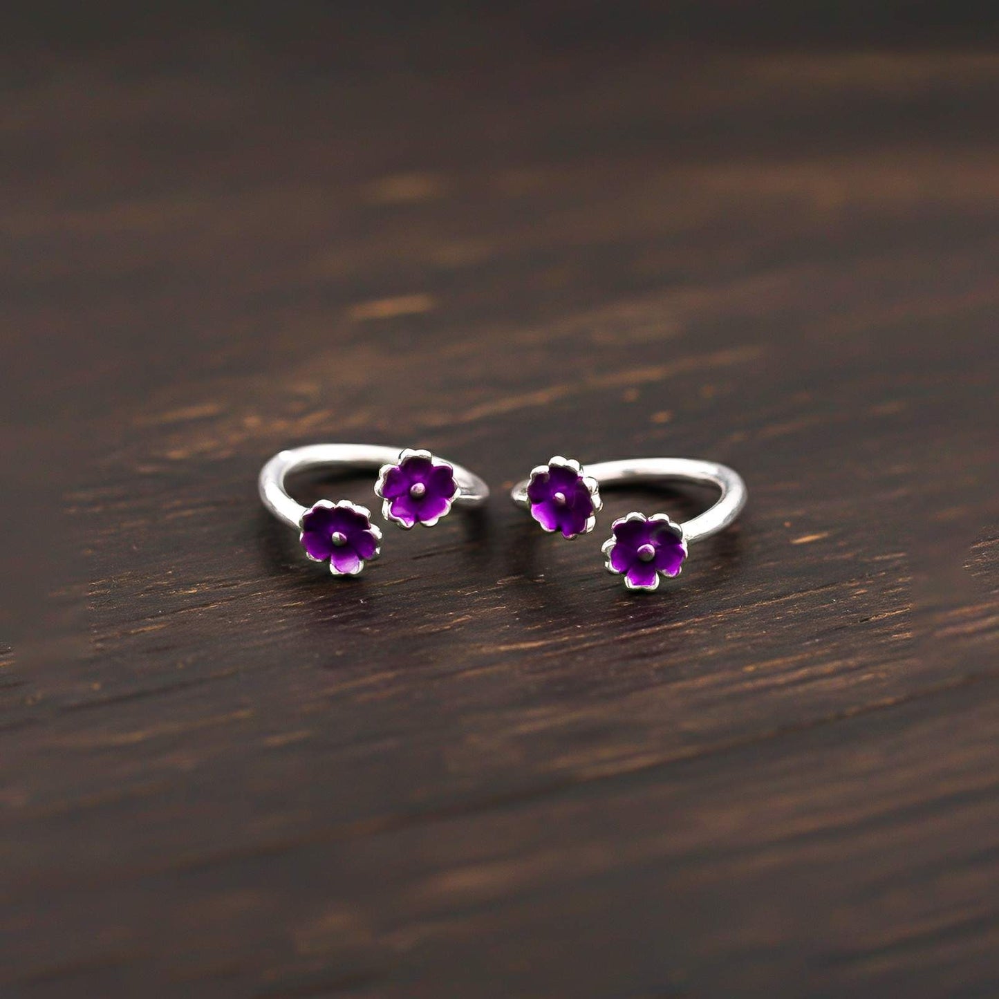 Silver Fashion Pink Flower Toe Rings