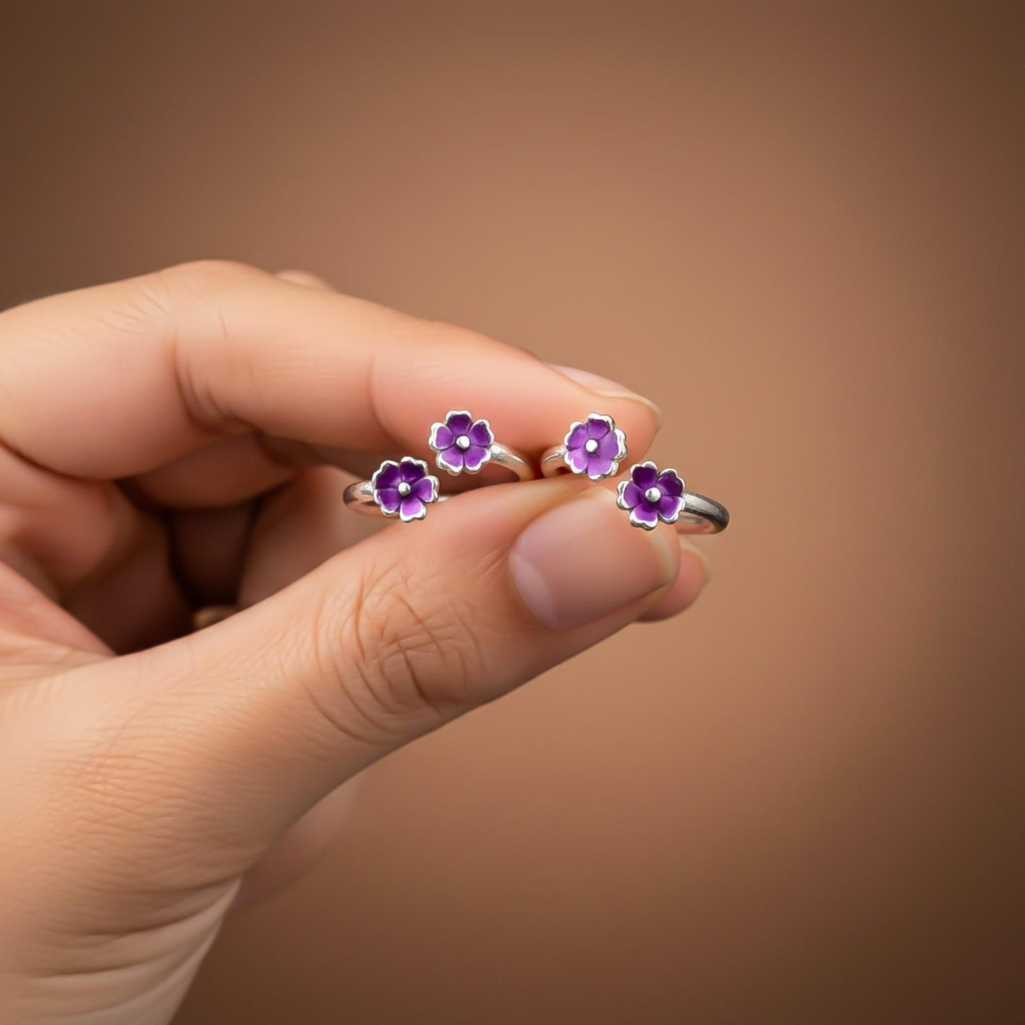 Silver Fashion Pink Flower Toe Rings