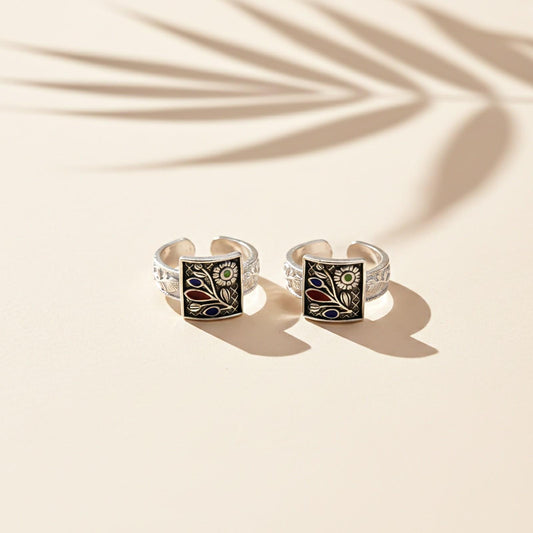 Silver Fancy Flowers Design Toe Rings